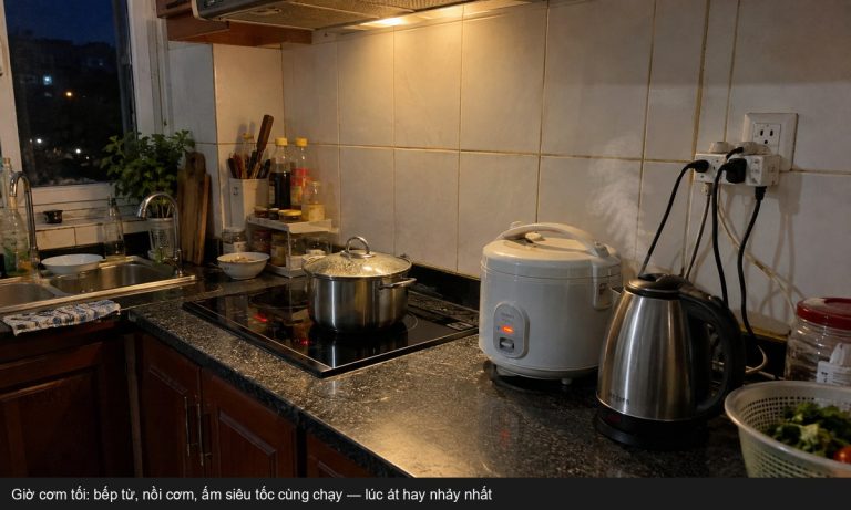 Bếp gia đình giờ cao điểm với nhiều thiết bị điện cùng hoạt động