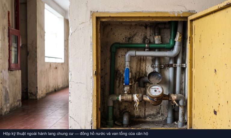 Hộp kỹ thuật nước ngoài hành lang chung cư, bên trong có đồng hồ nước và van tổng