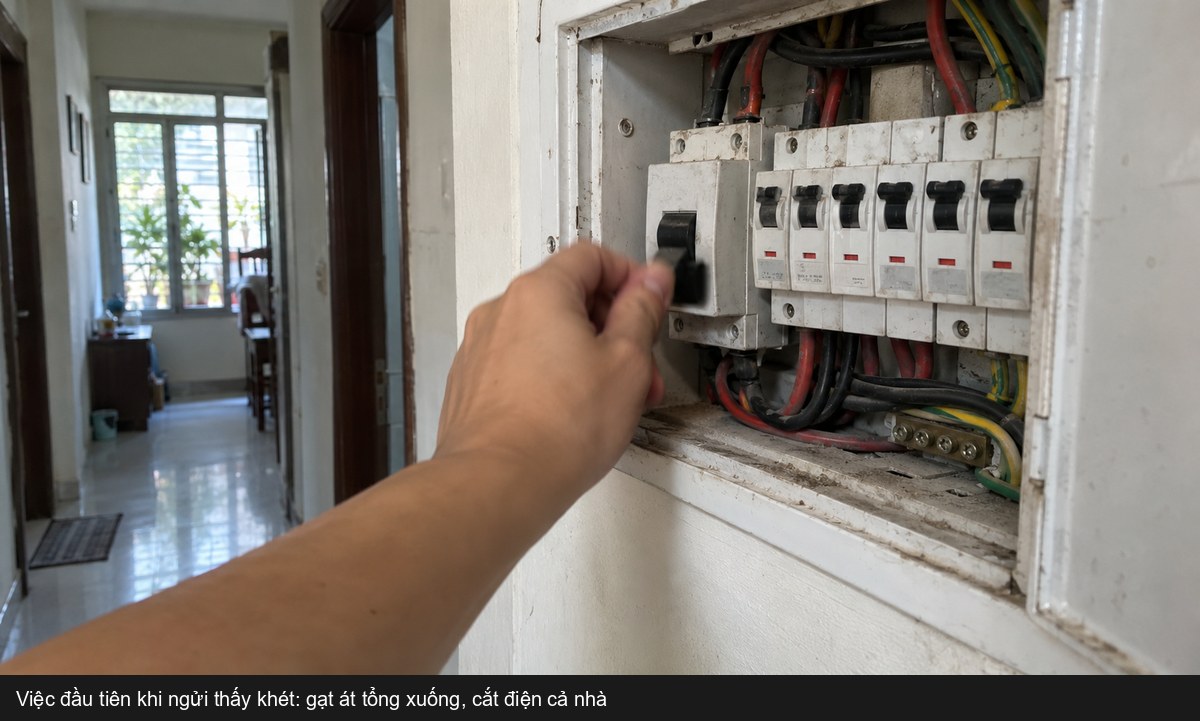 Bàn tay gạt cần át tổng xuống trong tủ điện