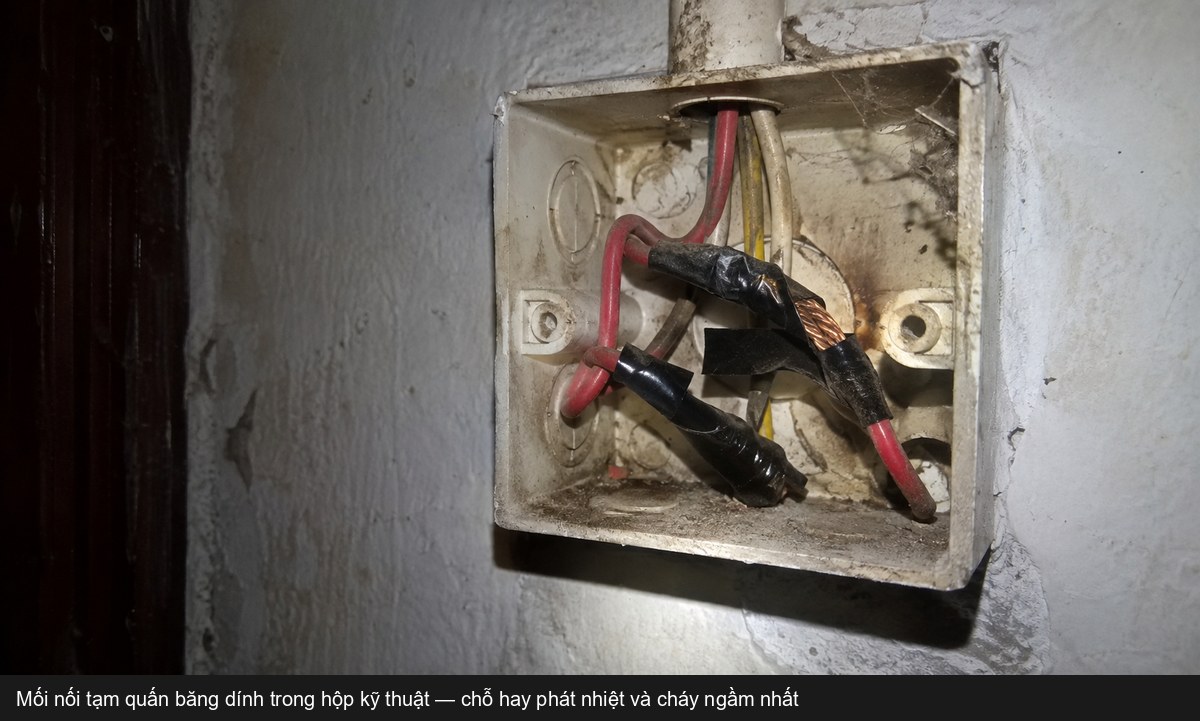 Mối nối dây điện quấn băng dính tạm bợ trong hộp kỹ thuật