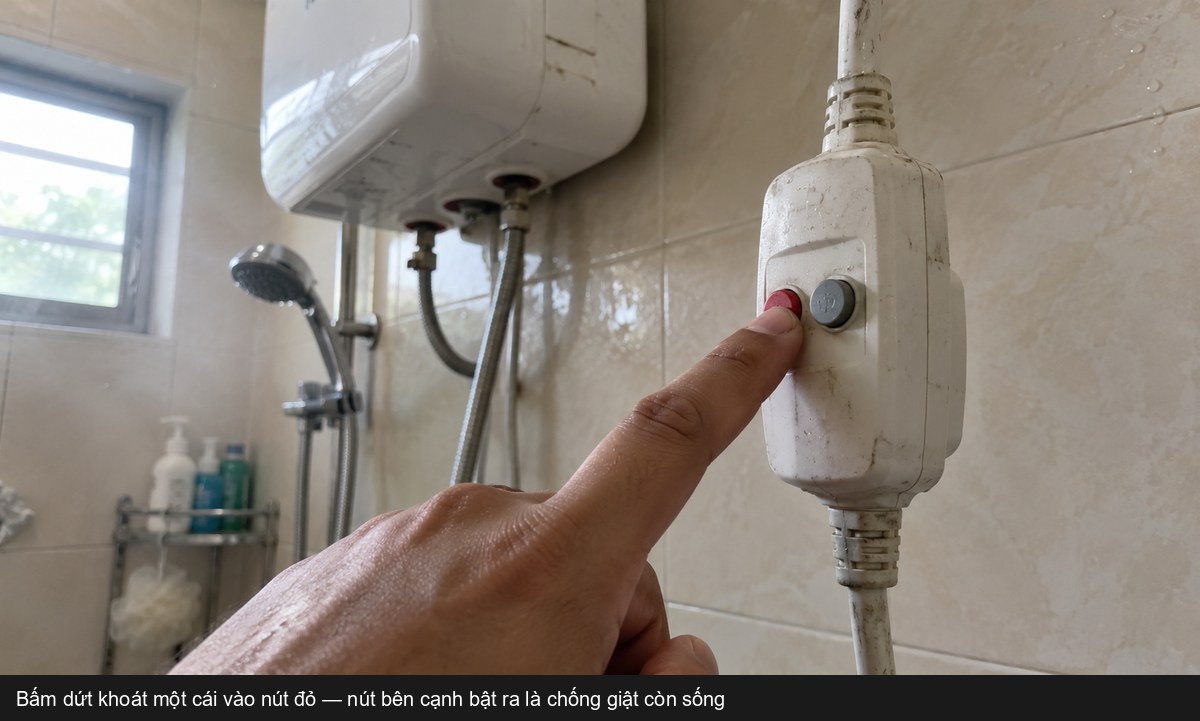 Ngón tay bấm nút test trên cục chống giật bình nóng lạnh