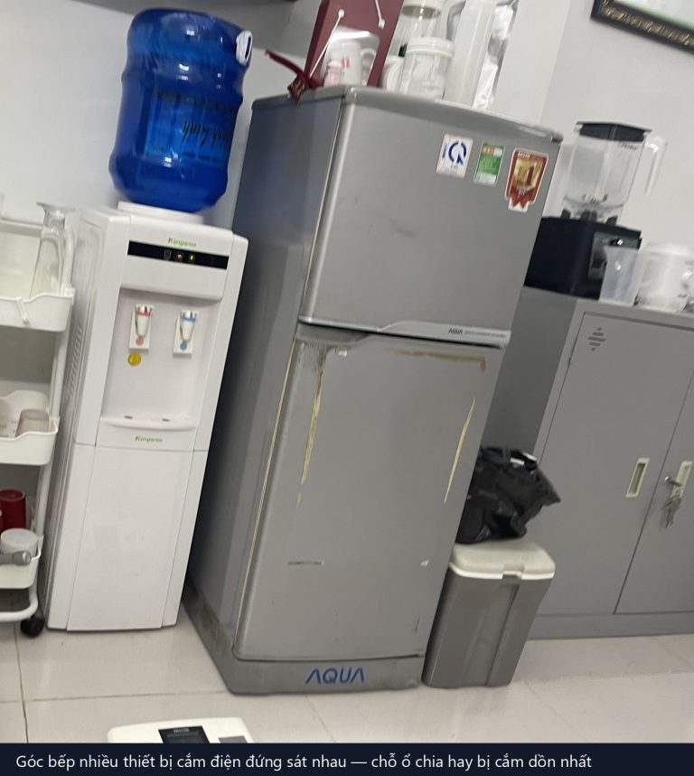 góc bếp có cây nước nóng lạnh và tủ lạnh cắm điện cạnh nhau