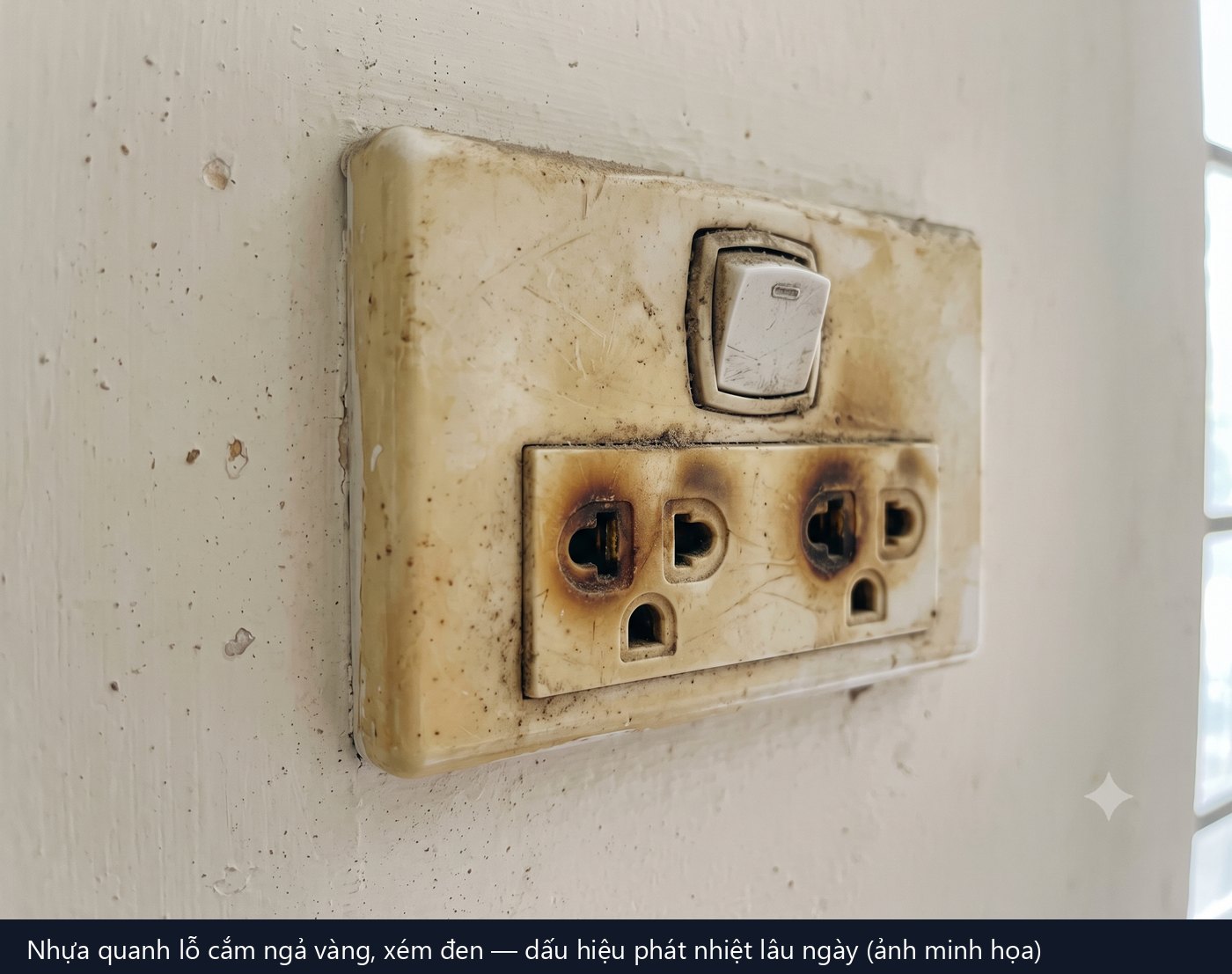 ổ cắm điện cũ ngả vàng xém đen quanh lỗ cắm
